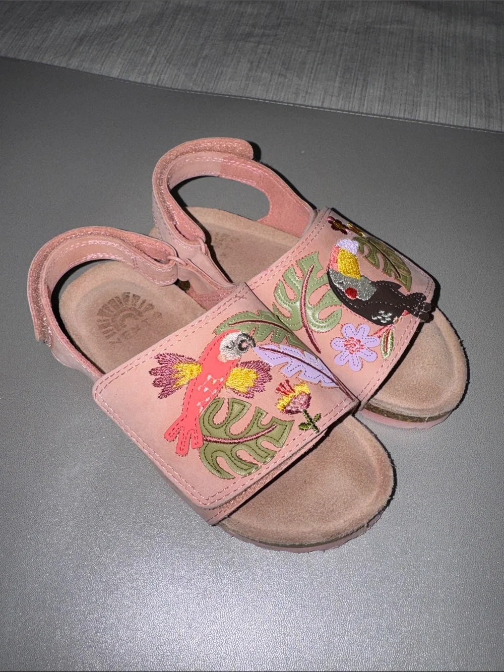 Next Kids Girls Pink Embroidered Toucan Parrot Corkbed Sandals Size 10